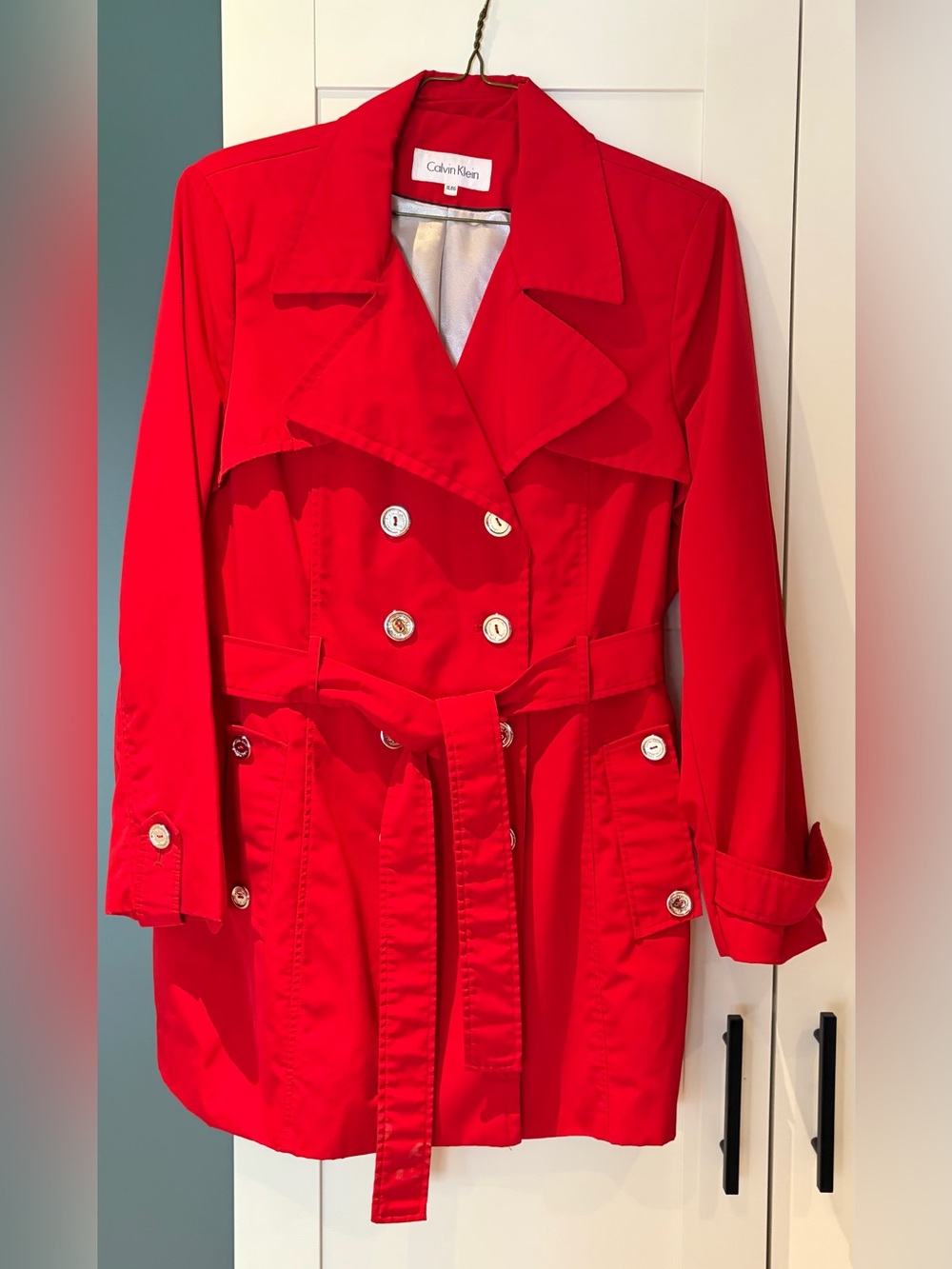 Calvin Klein Vibrant Red Double-Breasted Trench with Belt